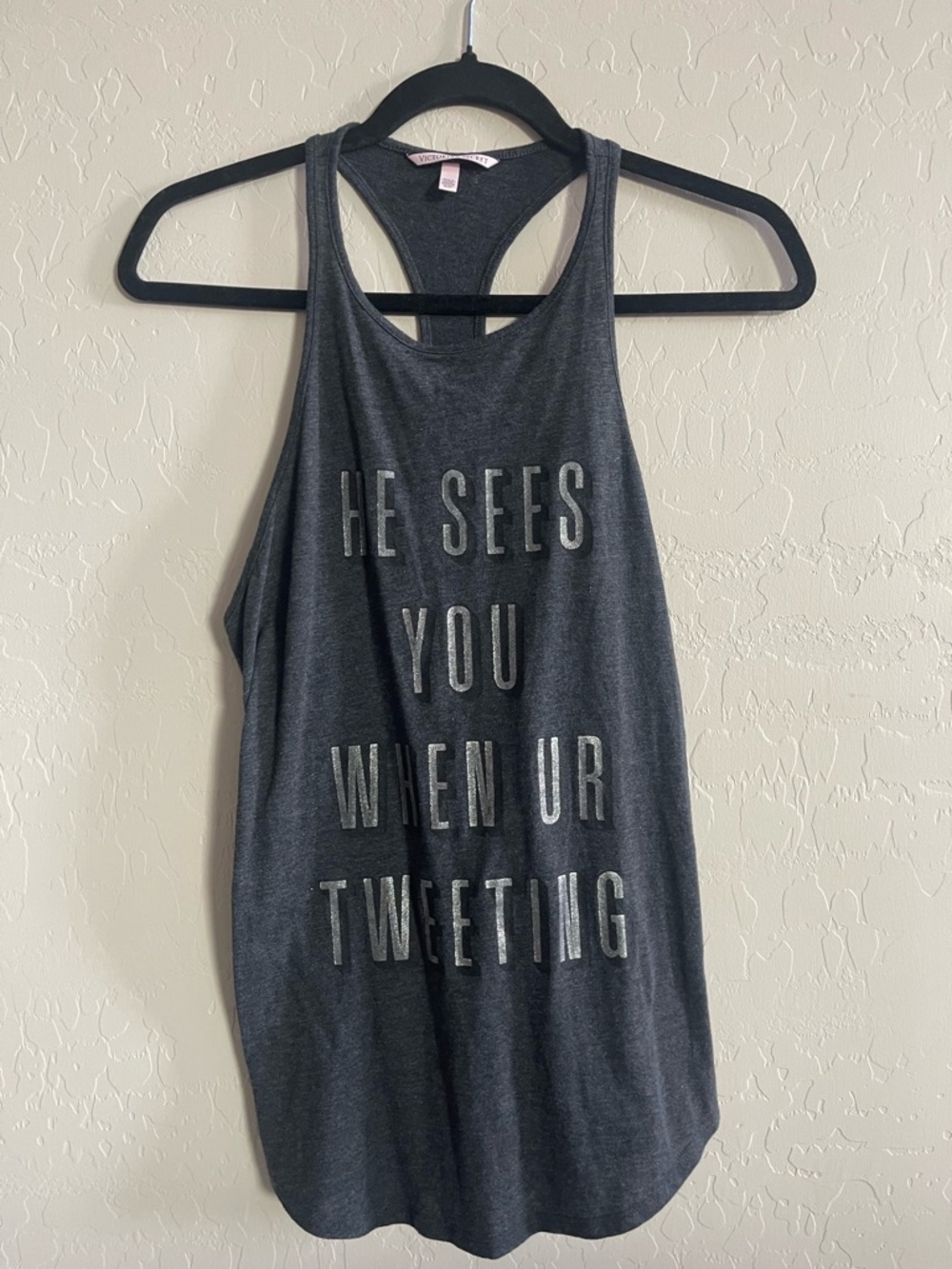 Victoria's Secret “He Sees You When UR Tweeting” Pajama Tank with Silver Text